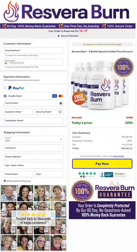ResveraBurn Secure Checkout — Visa Mastercard USA